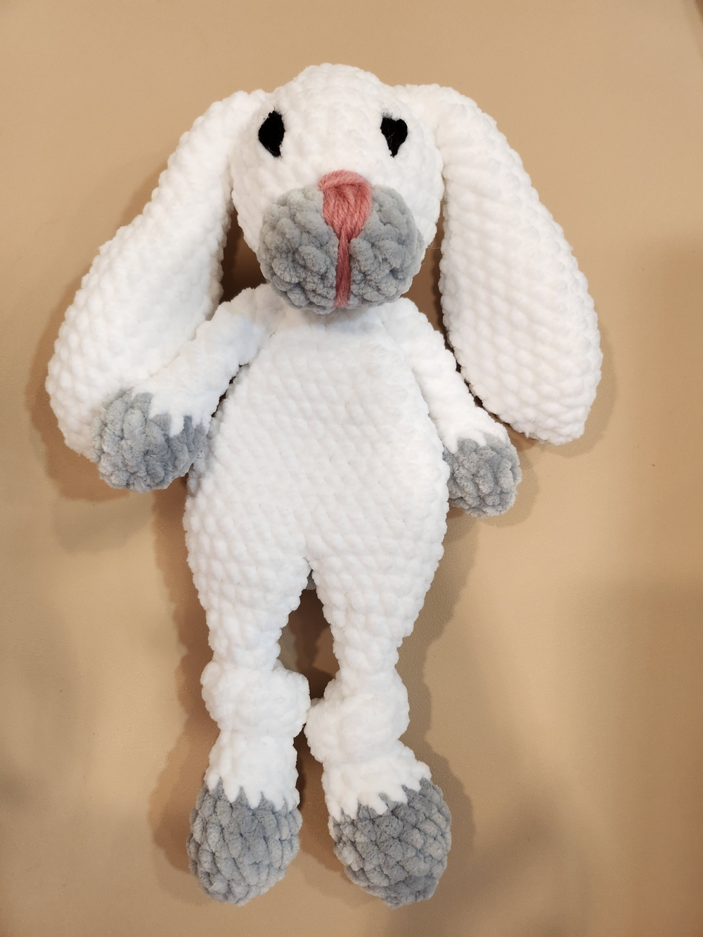 Handmade Plush Bunny Lovey - White with Gray & Pink Accents